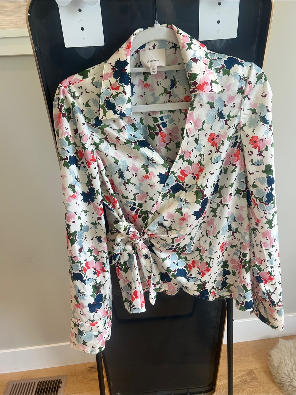 cinq a sept White Floral Wrap Blouse with Pink, Navy & Green Accents